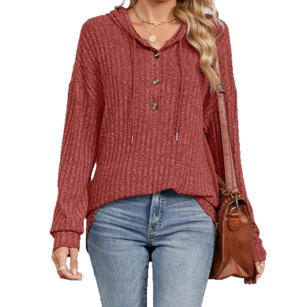 Damen Gerippter Kapuzenpullover mit halber Knopfleiste und Kordelzug Echoarchiv