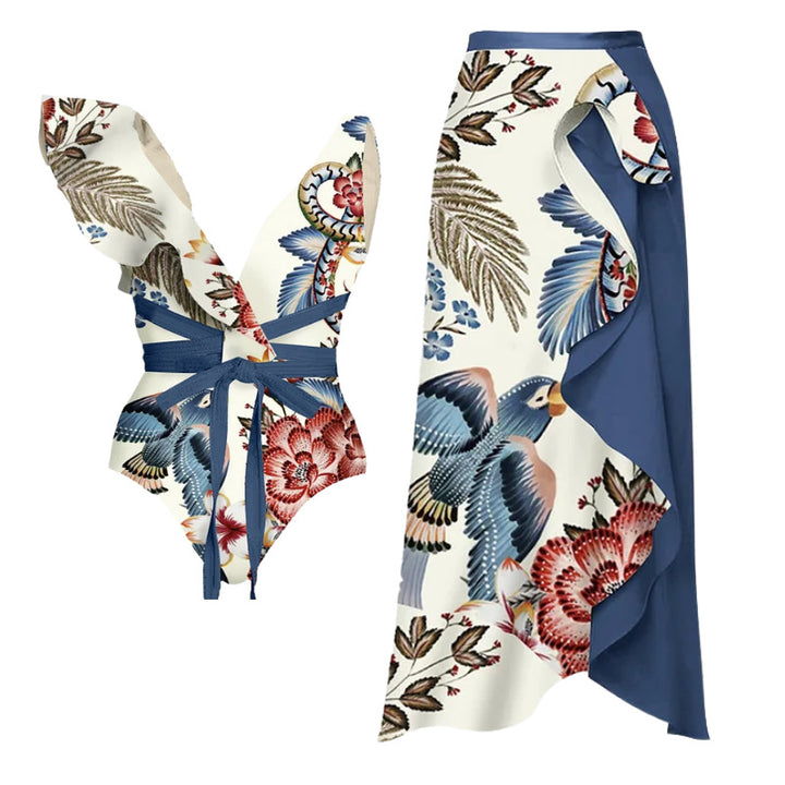 Damen Badeanzug-Set mit floralen Rüschen und taillierter Shorts Echo Archiv