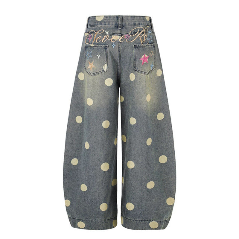 Damen Weite Jeans-Culotte im Palazzo-Stil mit hohem Bund und Punktmuster Echoarchiv