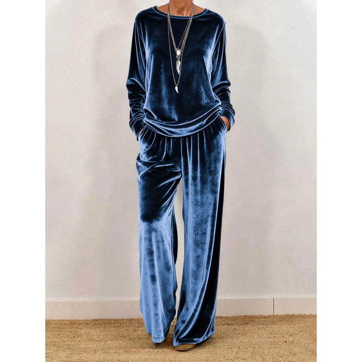 Damen Samt-Loungewear-Set mit weitem Bein, elastischem Bund und Rundhalsausschnitt – Élanora
