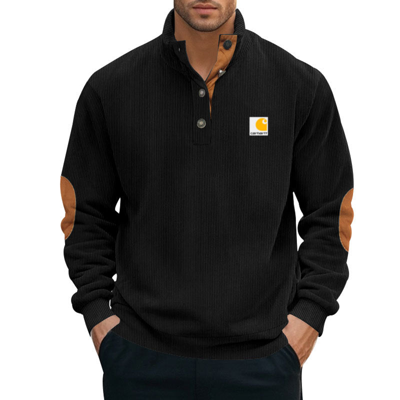 Herren nan Strickpullover im Troyer-Stil mit Stehkragen Lederbesatz Druckknopfleiste und Ellbogen-Patches Echo Archiv