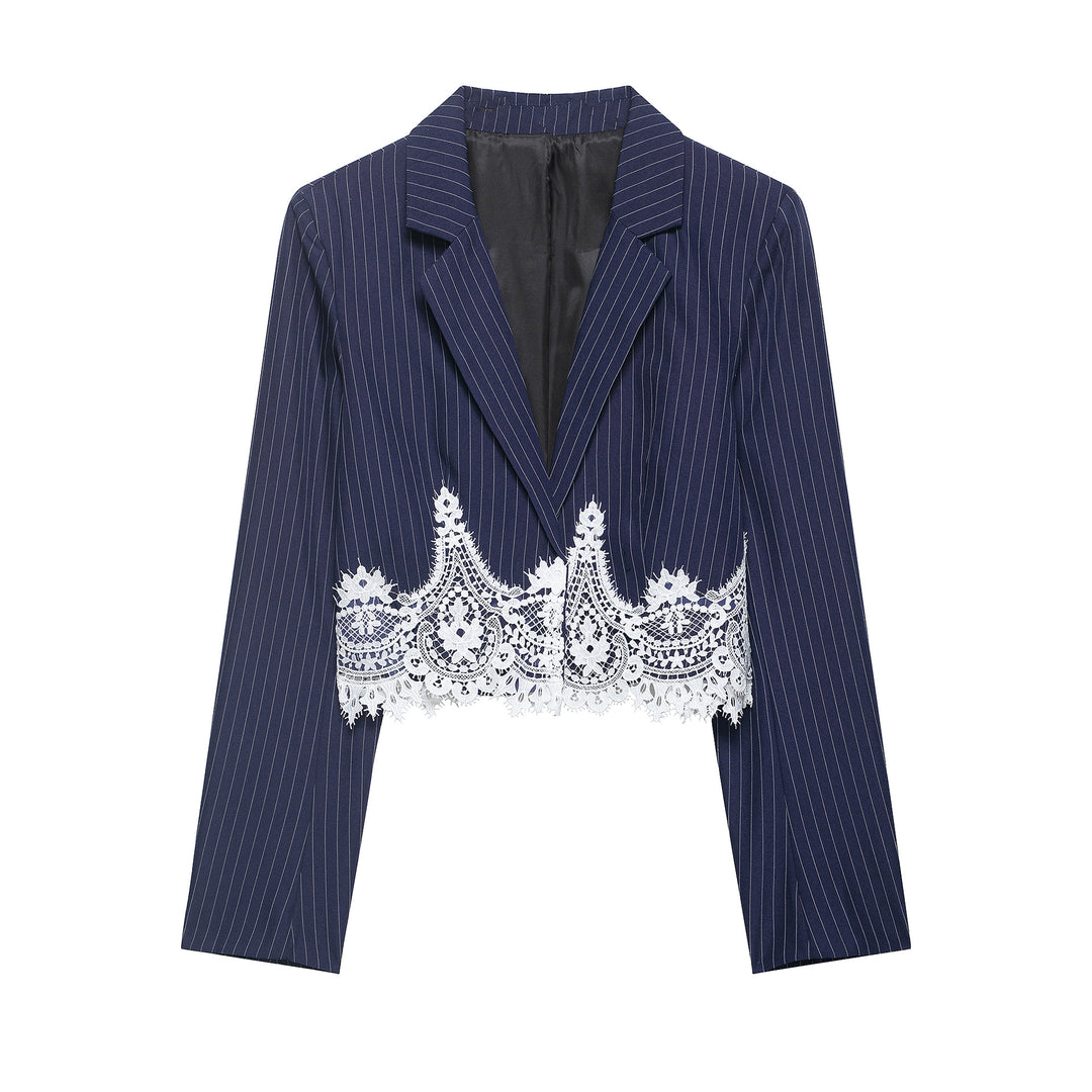 Damen Cropped Nadelstreifen-Blazer mit Spitzenbesatz und taillierter Silhouette Echo Archiv