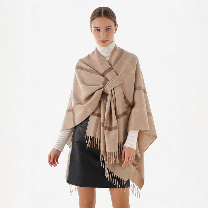 Damen Oversize-Capeponcho aus Wollmix mit Bindegürtel, Fransen und großem Karomuster Echo Archiv