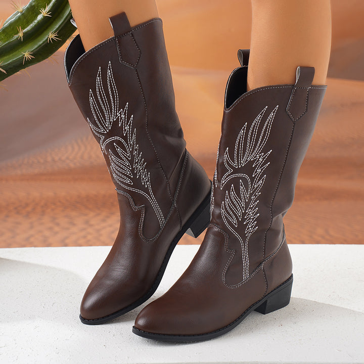 Damen Cowgirl-Kniehoher Stiefel mit dekorativer Stickerei, Pull‑Tabs und komfortablem Blockabsatz Echo Archiv