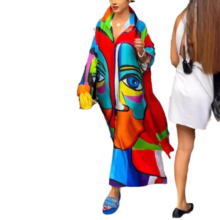 Damen nan Oversize-Hemdkaftan mit abstraktem Portraitprint und Hemdkragen Echo Archiv