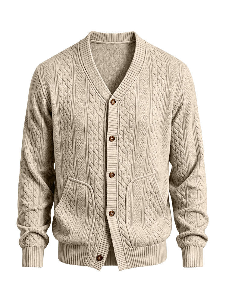 Herren Gestrickte Strickjacke mit Zopfmuster, V‑Ausschnitt und aufgesetzten Taschen – Taviero