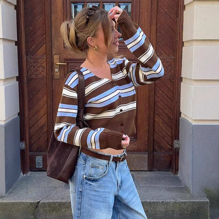 Damen Kurzgeschnittene gestreifte Strickjacke mit V-Ausschnitt und tailliertem Rippbund Echo Archiv