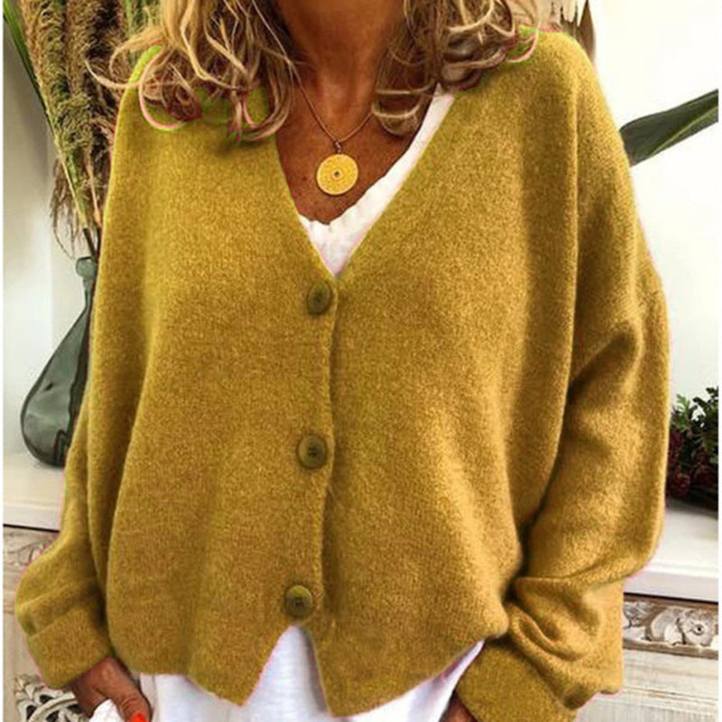 Damen lässiger Strickcardigan mit tiefem V-Ausschnitt und großen Knöpfen Echoarchiv