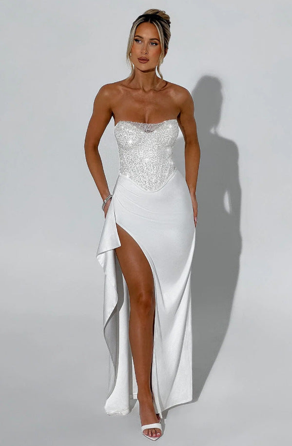 Damen Elegantes Abendkleid mit schimmerndem Oberteil und hohem Schlitz Echoarchiv