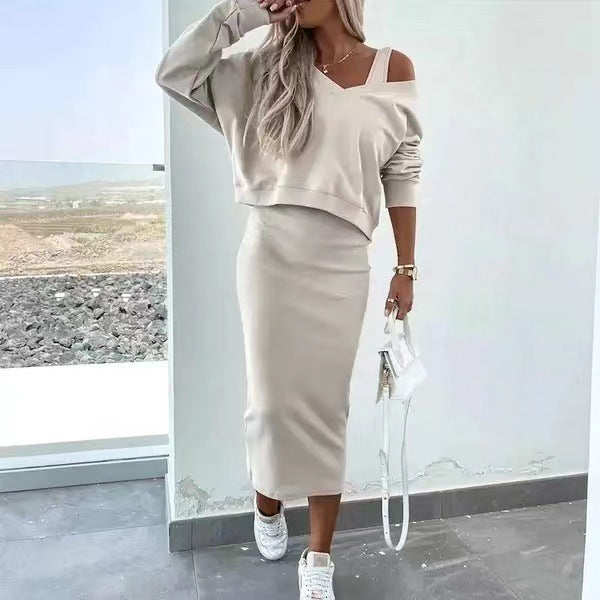 Damen Zweiteiliges Lässig-Chic Lounge-Set mit asymmetrischem Off-Shoulder Sweatshirt und figurbetontem Midi-Rock – Élanora