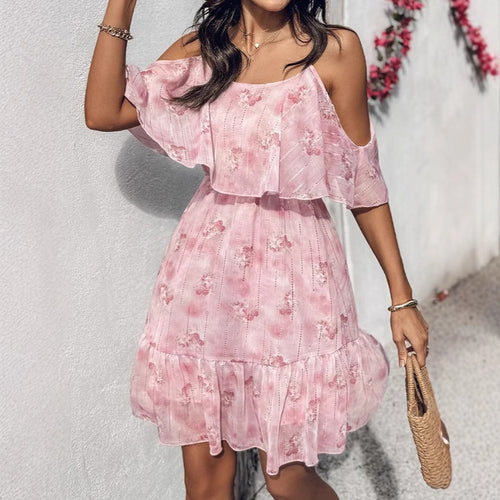 Damen fließendes Sommerkleid mit kaltem Schulterdesign und Rüschendetails Echo Archiv