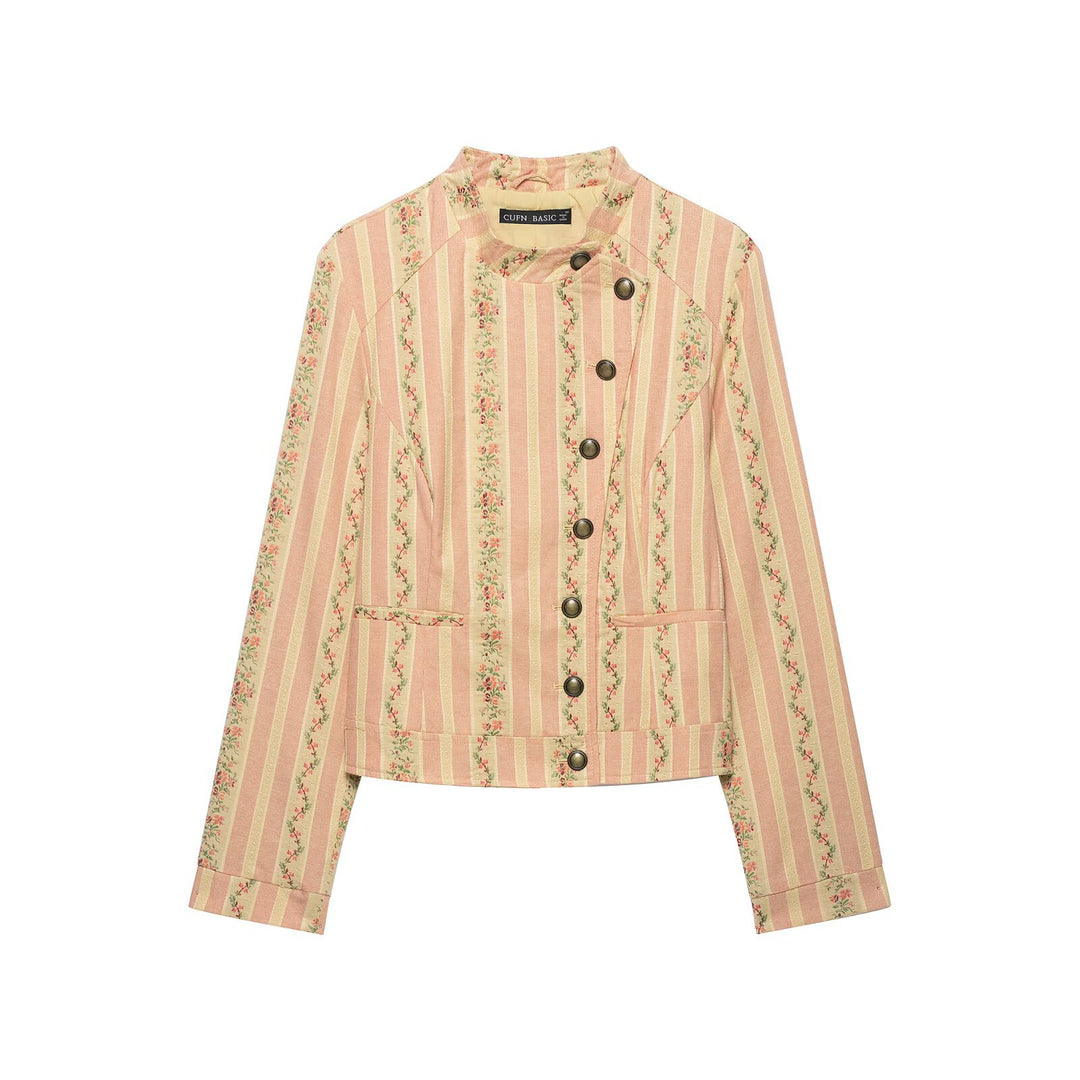 Damen Kurze Blousonjacke im Vintage‑Streifenmuster mit asymmetrischer Knopfleiste Echo Archiv