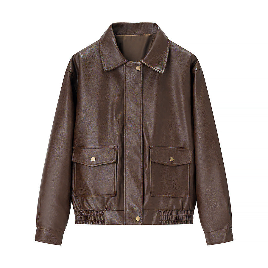 Damen nan kastige Kunstleder‑Fliegerjacke mit Hemdkragen, aufgesetzten Pattentaschen und elastischem Saum Echo Archiv