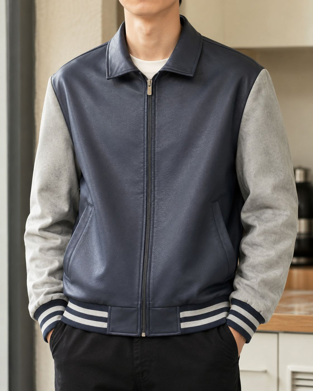 Herren Modische Bomberjacke aus Kunstleder – Brevano