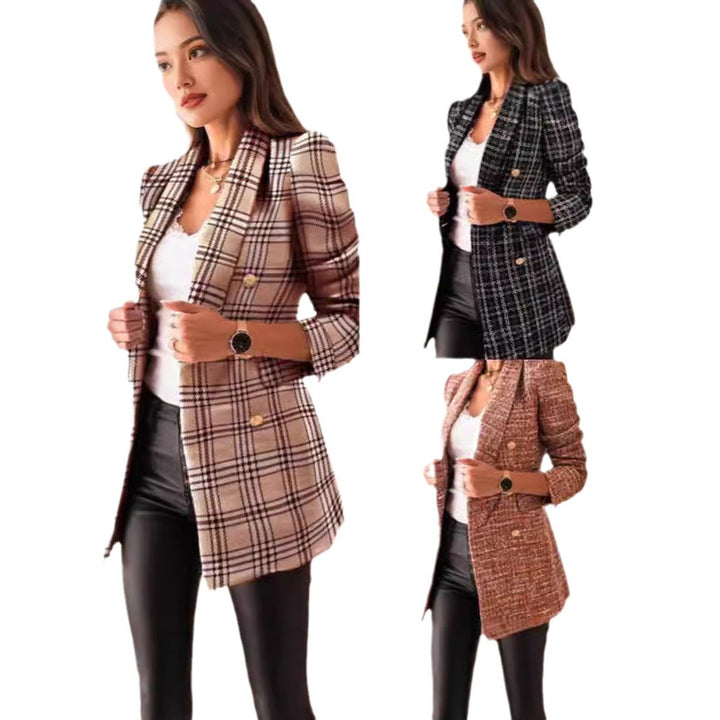 Damen nan taillierter kariert langer Blazer mit Doppelreiher und Schulterpolstern Echo Archiv