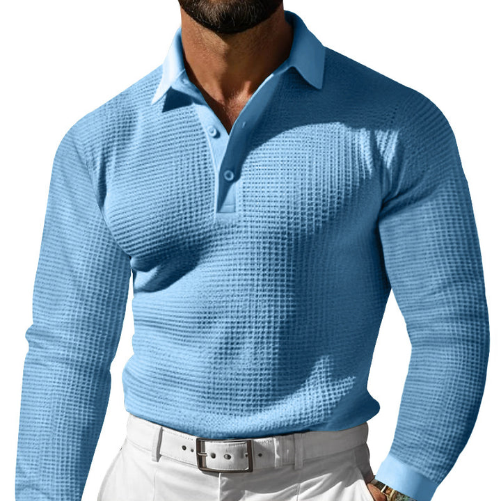 Herren Waffelstruktur-Poloshirt mit Langarm, Slim-Fit und Kentkragen Echoarchiv