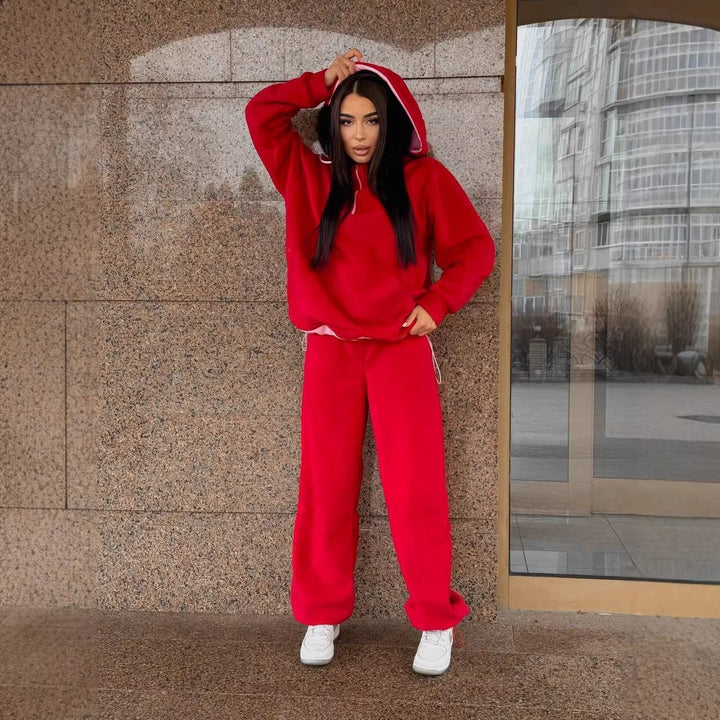 Damen Fleece-Loungewear-Set mit halbem Frontzip, gefütterter Kapuze und hochgeschnittener Komforthose – Auréline