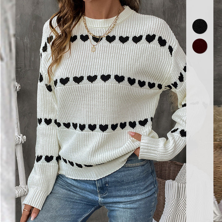 Damen Strickpullover mit Herz-Jacquard, Oversize-Rundhals & Rippbündchen Echoarchiv