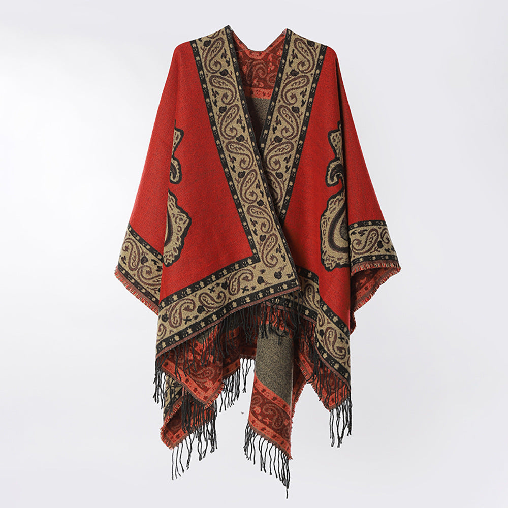 Damen Weicher Paisley-Jacquard Ruana-Überwurf mit V‑Ausschnitt und Fransen – Avérine