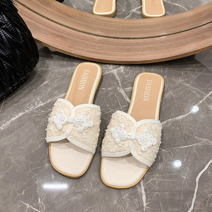 Damen nan elegante Mule mit quadratischer Zehenpartie Bouclé-Obermaterial und Perlenverzierung Echo Archiv