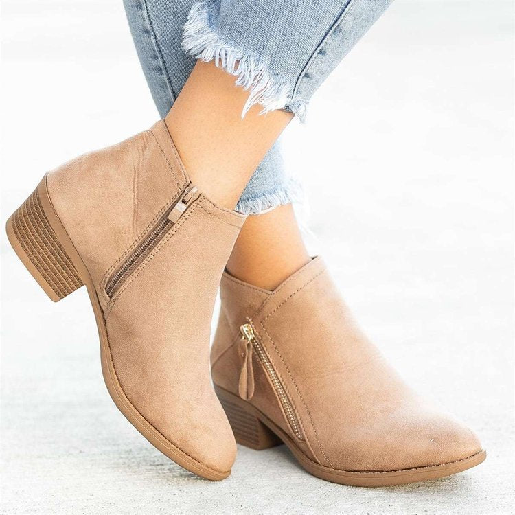 Damen Ankle-Boots aus Velourslederoptik mit seitlichem Zipper und mittelhohem Blockabsatz – Varelle
