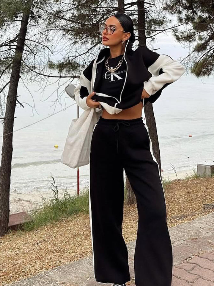 Damen Mehrteiliges Loungewear-Set mit Reißverschlussjacke und weiter Palazzohose – Élanora