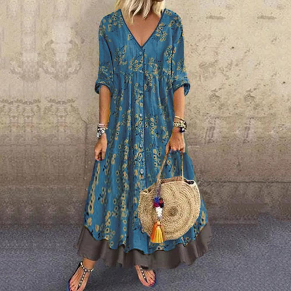 Damen Maxikleid im Boho‑Stil mit V‑Ausschnitt, durchgehender Knopfleiste und Stufenrock – Valéora