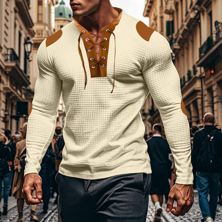 Herren langärmliges Henley-Shirt mit dekorativem Schnürdesign Echoarchiv