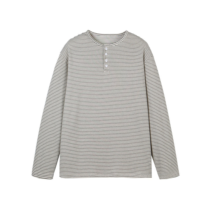 Unisex Gestreiftes Henley-Langarmshirt mit Knopfleiste und Oversize-Schnitt Echoarchiv