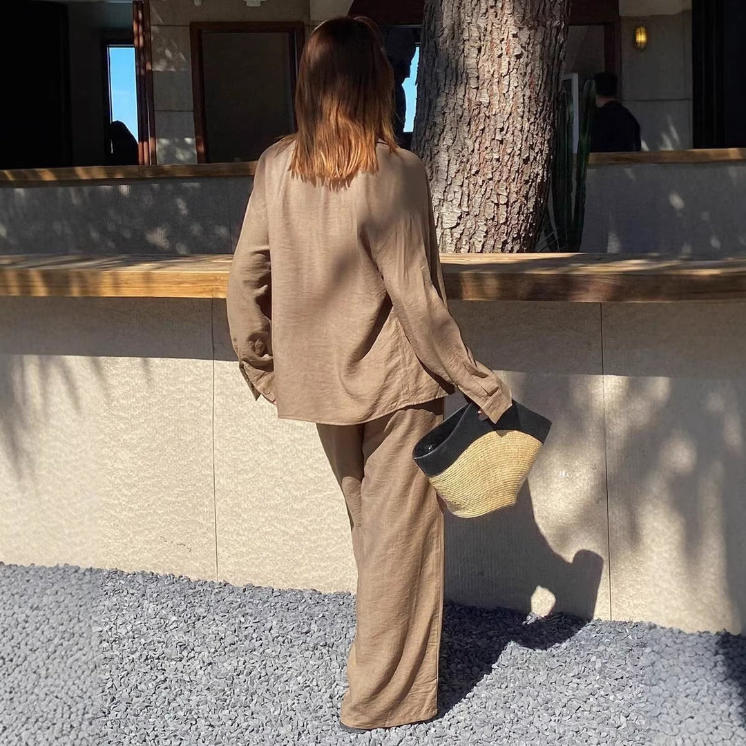Damen nan entspanntes Leinen Lounge Set mit Oversize Hemd und Kordelbund Palazzohose Echo Archiv