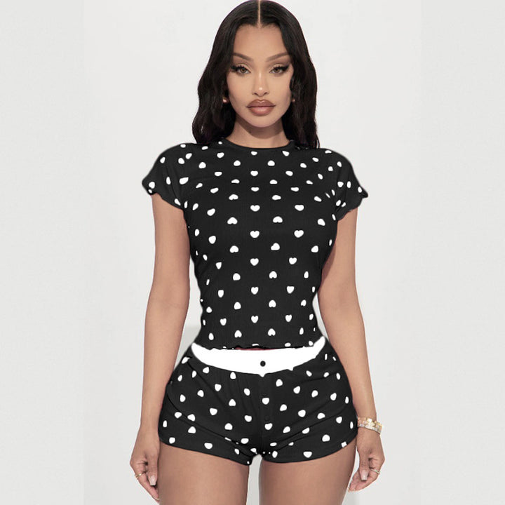 Damen Pyjama Set mit herzförmigem Muster und elastischem Bund Echo Archiv