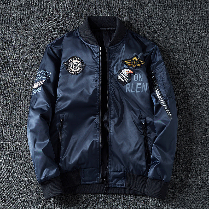 Men's patch-detail glossy flight bomber with ribbed trims – Brevano