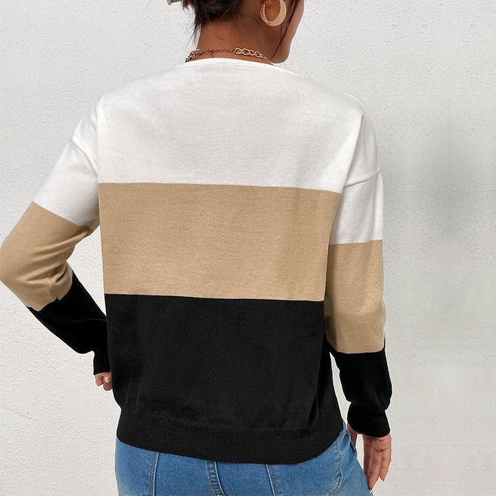 Damen Eleganter V‑Ausschnitt Feinstrickpullover mit breiten Blockstreifen Echoarchiv