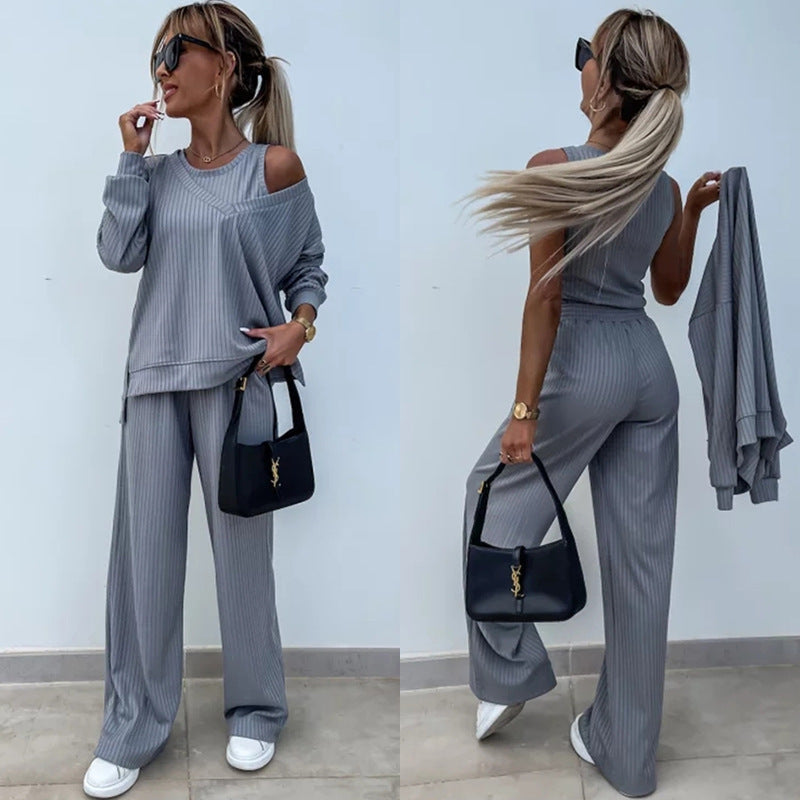 Damen nan elegantes Rippstrick-Zweiteiler Lounge-Set mit einseitigem Schulterfreischnitt und weitem Palazzo-Hosenbein Echo Archiv