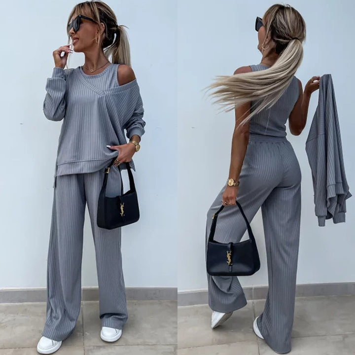 Damen nan elegantes Rippstrick-Zweiteiler Lounge-Set mit einseitigem Schulterfreischnitt und weitem Palazzo-Hosenbein Echo Archiv
