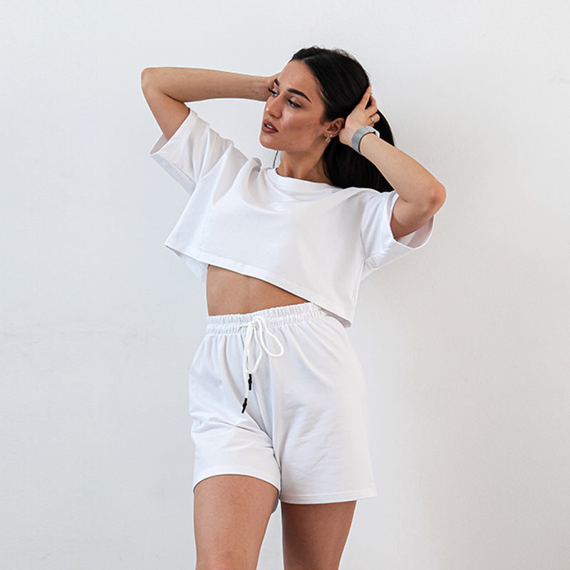 Damen Zweiteiliges Cropped-Lounge-Set aus Baumwolljersey mit elastischer Kordelzug-Shorts – Élanora