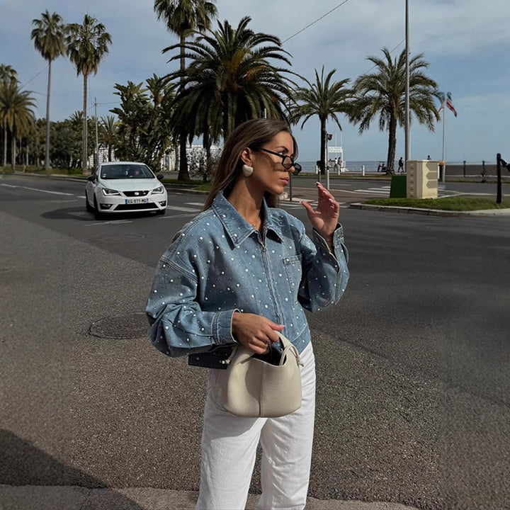 Damen Gekürzte Denim-Jacke mit Perlenbesatz und Oversize-Ärmeln Echoarchiv