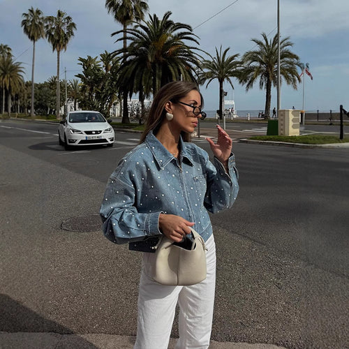 Damen Gekürzte Denim-Jacke mit Perlenbesatz und Oversize-Ärmeln Echoarchiv