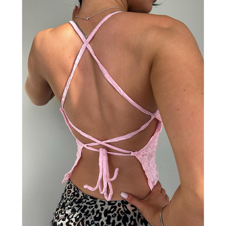 Damen Spitzen-Crop-Top mit verstellbaren Spaghetti-Trägern und floralem Muster Echo Archiv