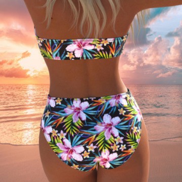 Damen Bandeau-Bikini-Set mit hochgeschnittenem Höschen und tropischem Blütenmuster Echo Archiv