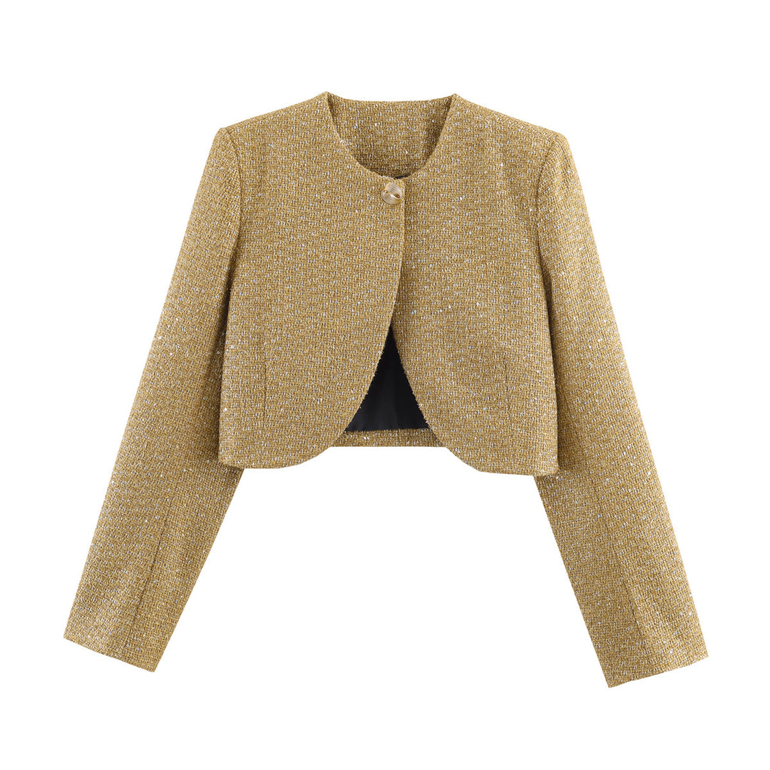 Damen Kurzgeschnittene Bouclé-Cropped-Jacke mit Rundhalsausschnitt und Ein-Knopf-Verschluss Echoarchiv