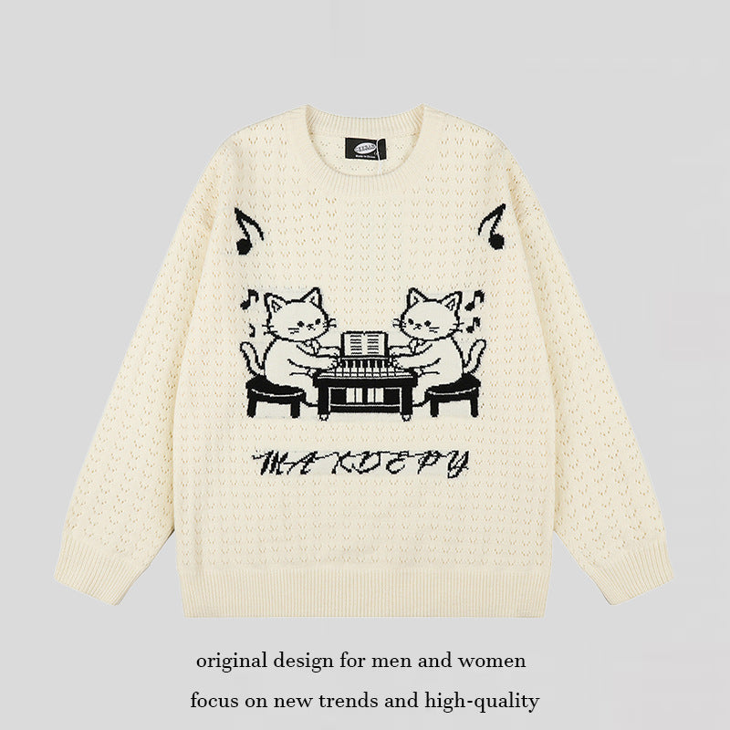 Damen Oversize Strickpullover mit Jacquard-Katzenmotiv und musikalischem Design Echoarchiv