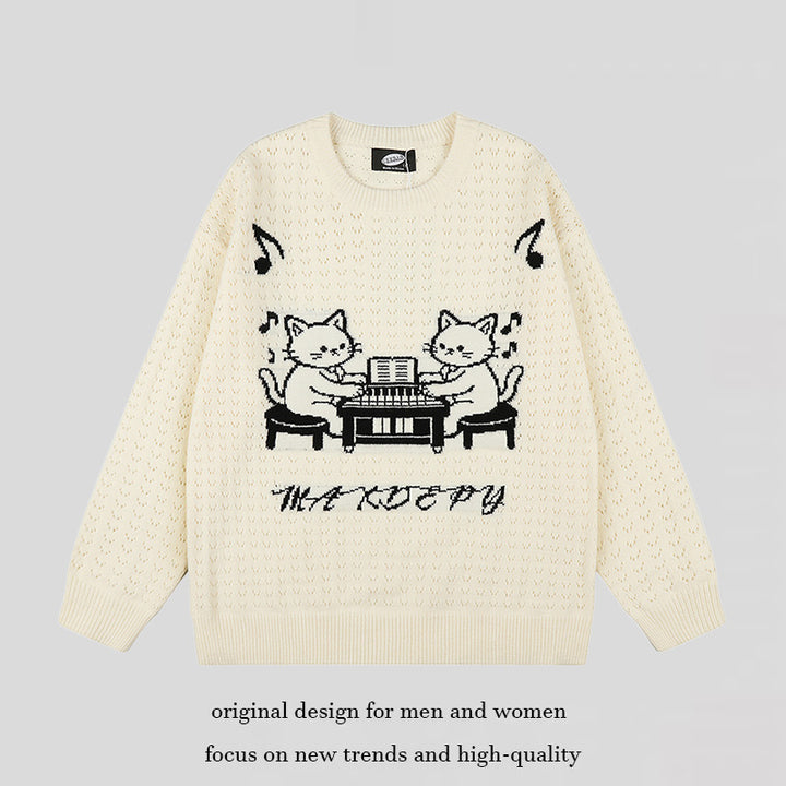 Damen Oversize Strickpullover mit Jacquard-Katzenmotiv und musikalischem Design Echoarchiv