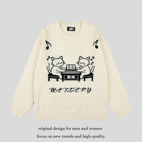 Damen Oversize Strickpullover mit Jacquard-Katzenmotiv und musikalischem Design Echoarchiv