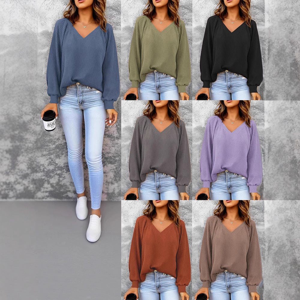 Damen Feinstruktur-Strickpullover mit V-Ausschnitt, Ballonärmeln und Rippbündchen – Mavelle