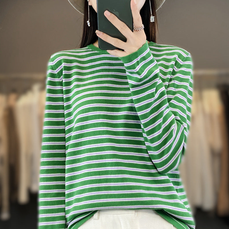 Damen Leichter Baumwollmix-Streifenpullover mit Rundhals, Raglanärmeln und lässiger Silhouette Echoarchiv