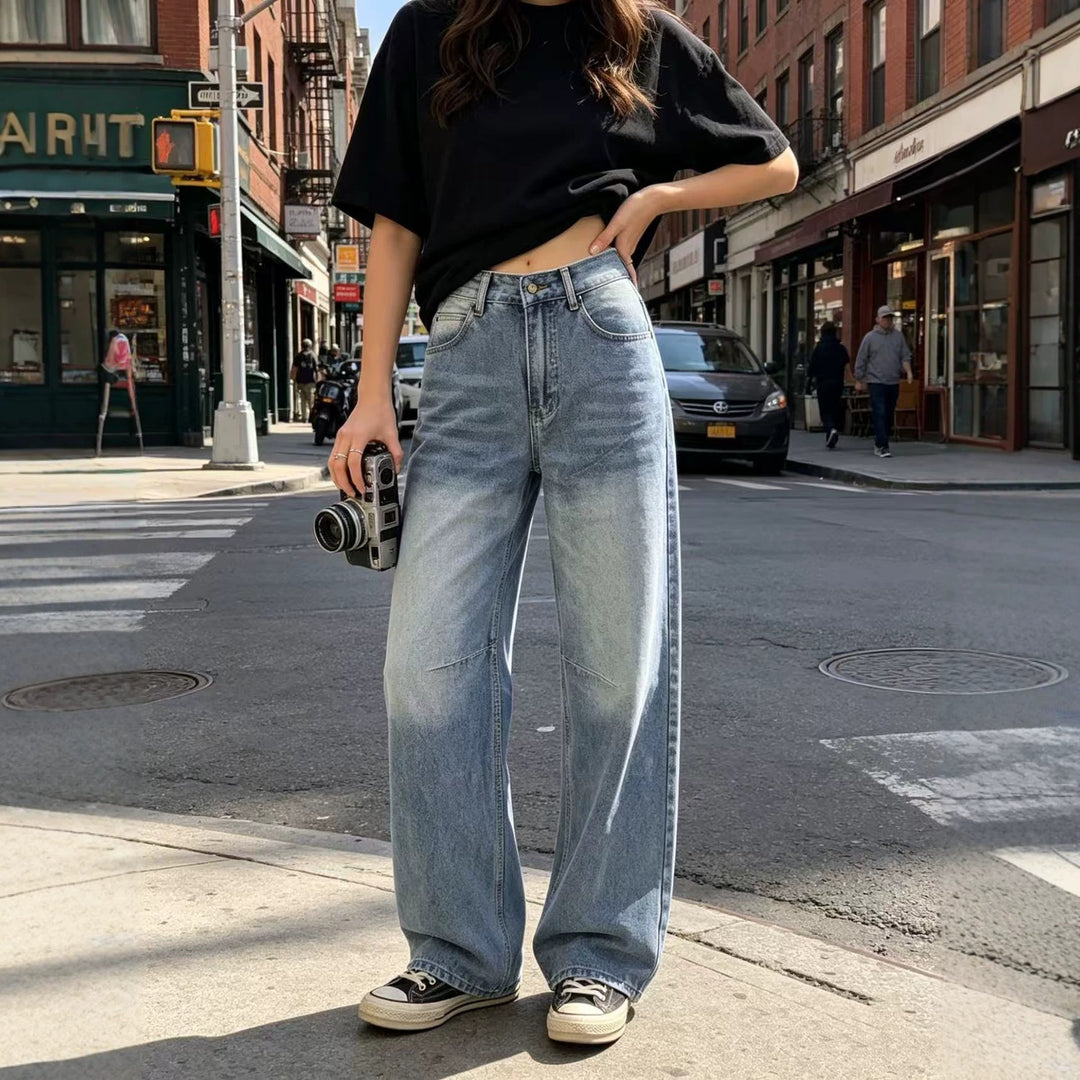 Damen nan hochgeschnittene weite Jeans mit geradem Bein, Knieabnähern und klassischem Five‑Pocket‑Schnitt Echo Archiv