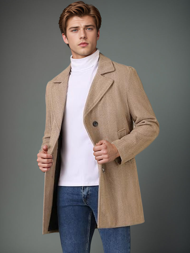 Herren eleganter Wende-Mantel mit doppelter Knopfleiste und verborgenem Gürtel Echoarchiv
