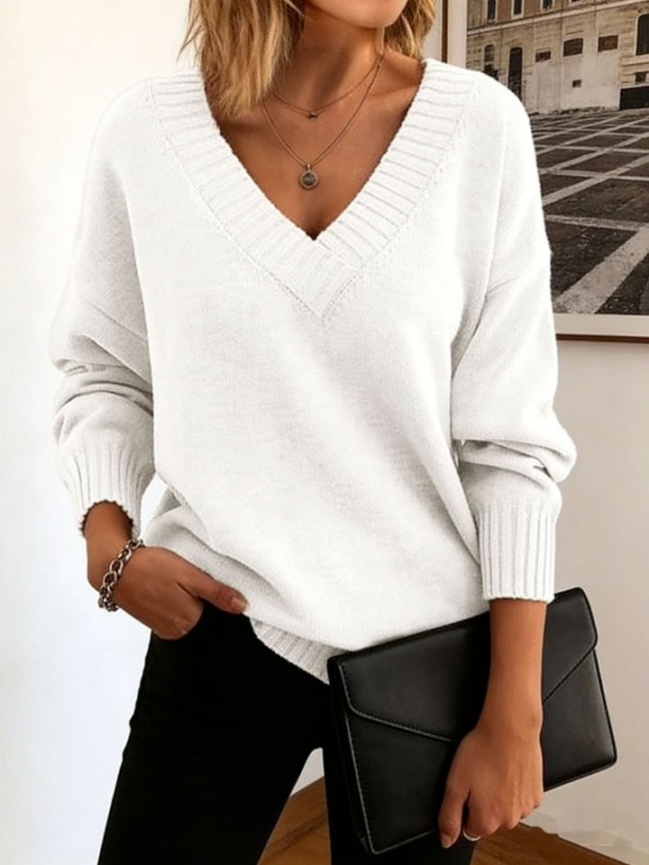 Damen Feinstrickpullover mit tiefem V-Ausschnitt und überschnittener Schulter – Mavelle