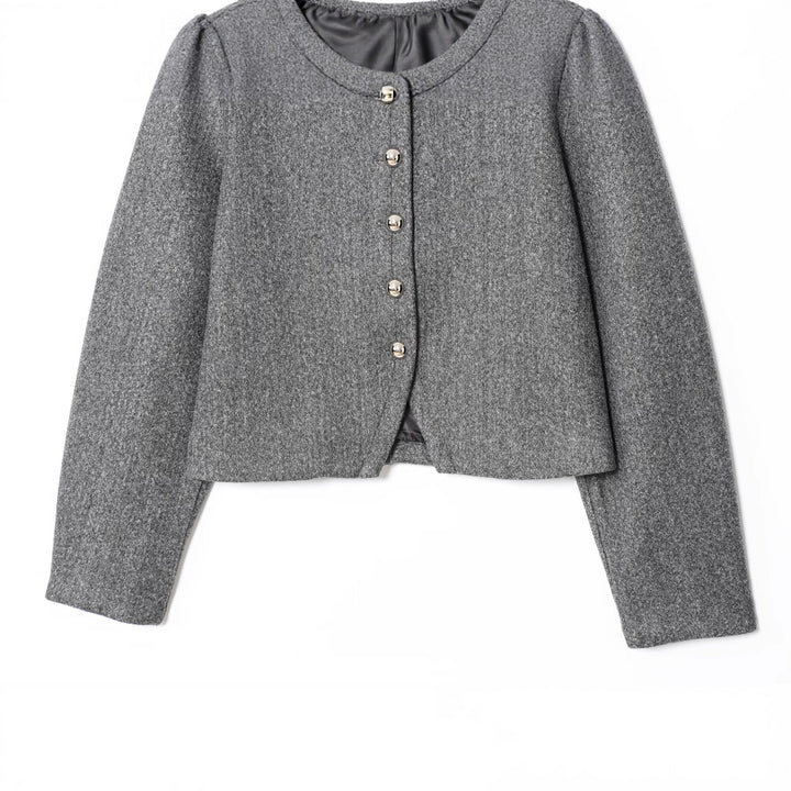 Damen Kurze Boxy‑Wollmix‑Jacke mit Rundhals und dekorativen Metallknöpfen Echoarchiv
